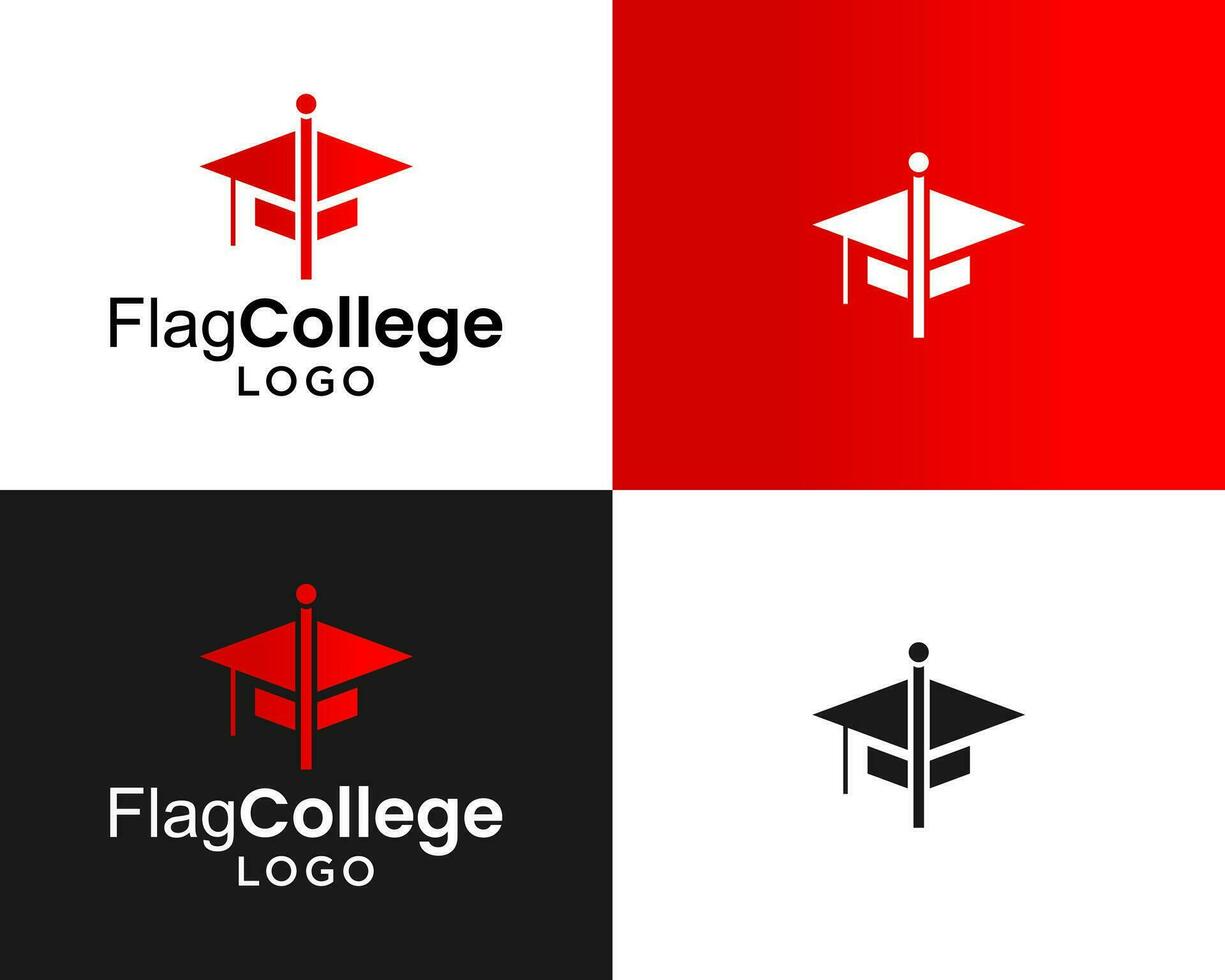 Education university academic cap and small flag triangle logo design. vector