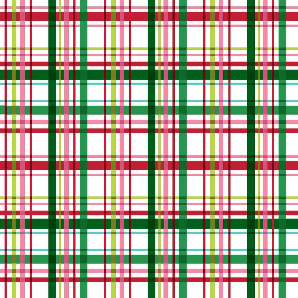 Christmas plaid seamless pattern in green, red, pink colors. Cozy winter checkered repeat background. Vector winter time traditional flannel design, Scottish ornament, check, tartan print, wallpaper.