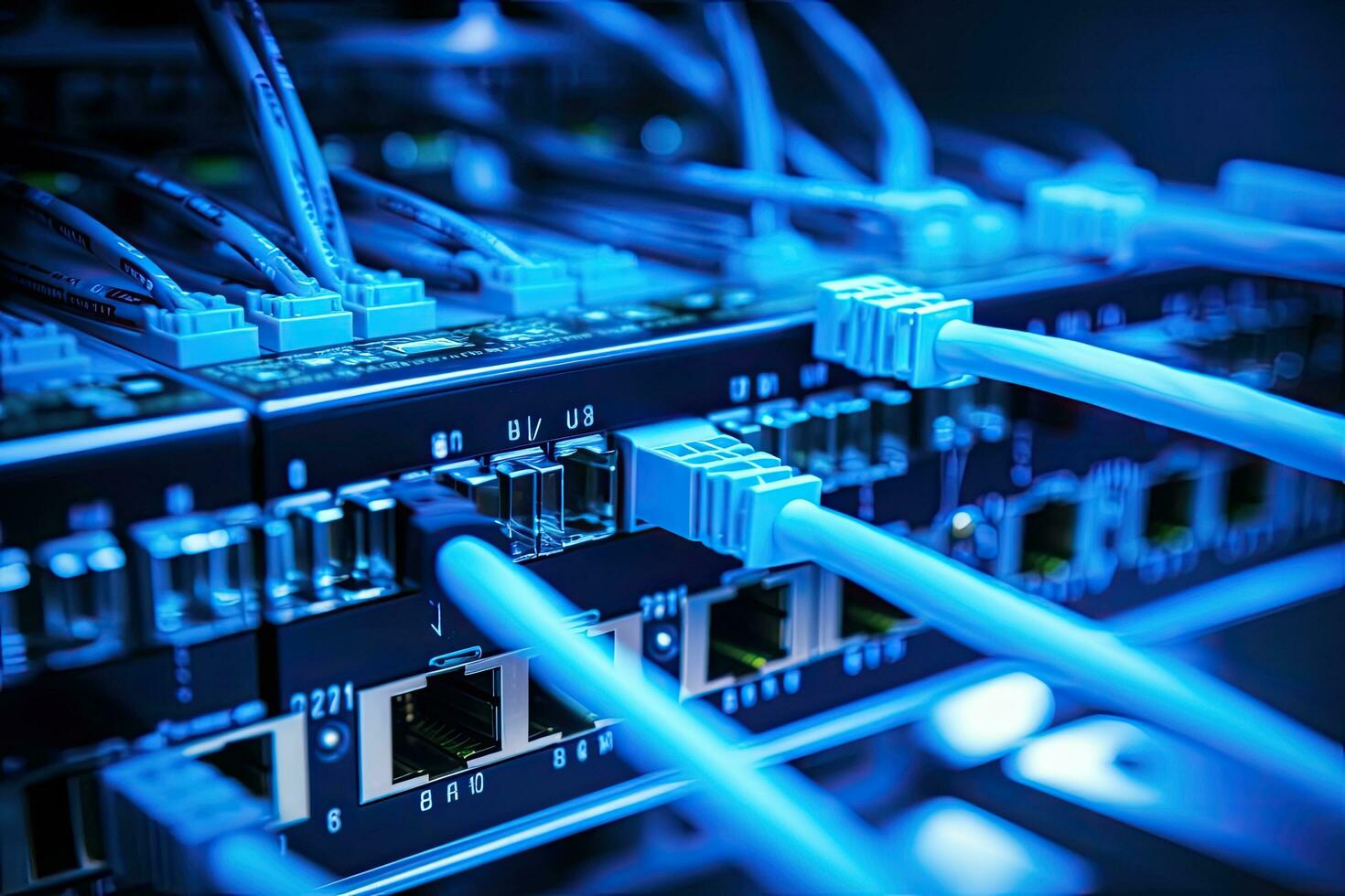 Fiber Optic cables connected to an optic ports in data center, Network cables connected into switches. Ethernet router in data center. Digital information transmission equipment, AI Generated photo