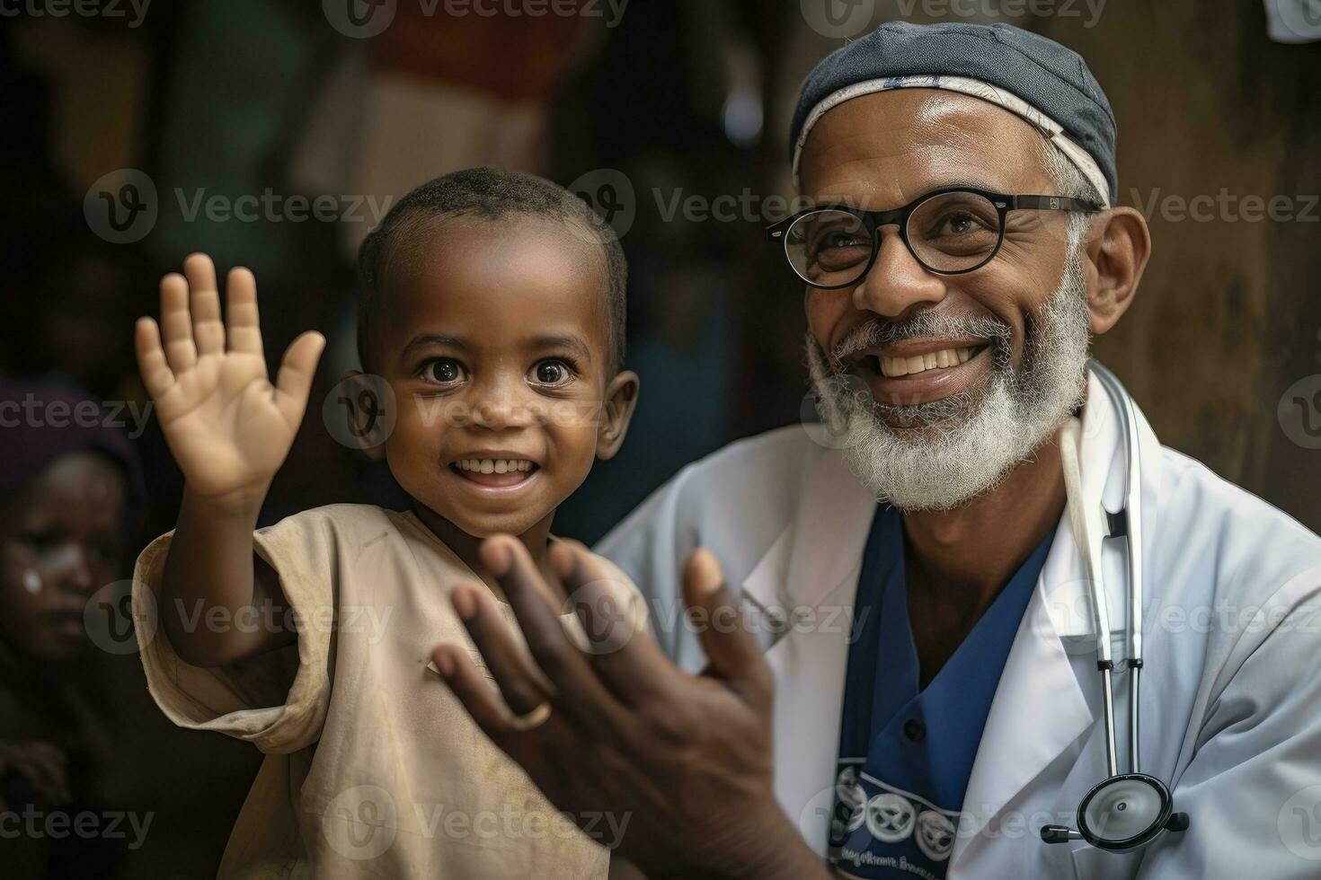 Portrait of a smiling african-american doctor and his little patient, Doctor waving with a small child and smiling, AI Generated photo