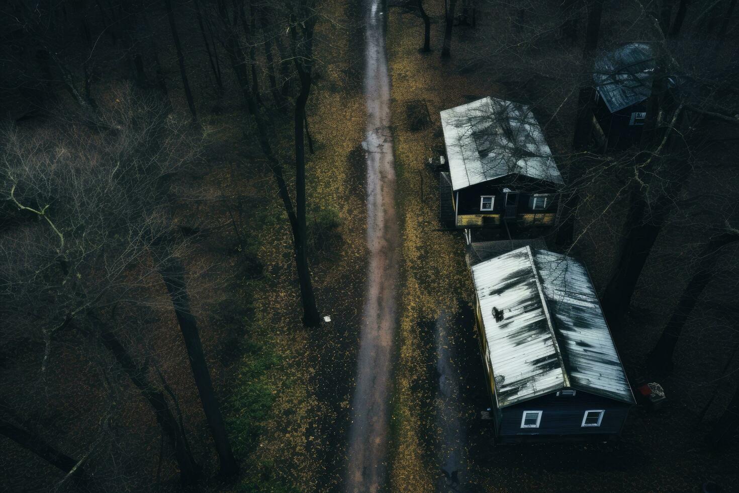 aéreo ver de abandonado de madera casa en el bosque. concepto de urbano decadencia, estrecho calle Entre bosque, drones vista, ai generado foto