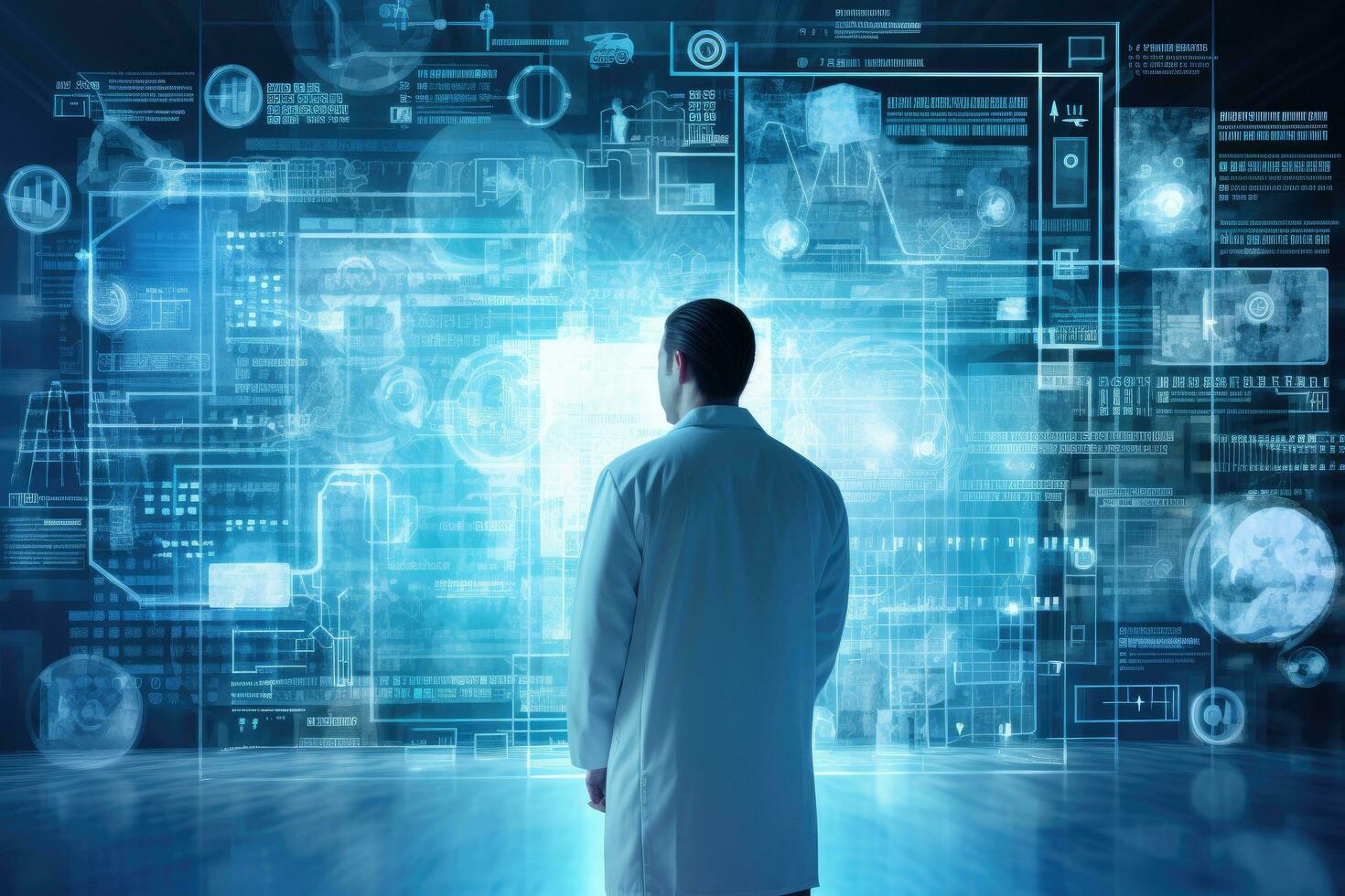 Rear view of businessman looking at media screen against blue technology background, Medical Healthcare Research and Development Concept, AI Generated photo