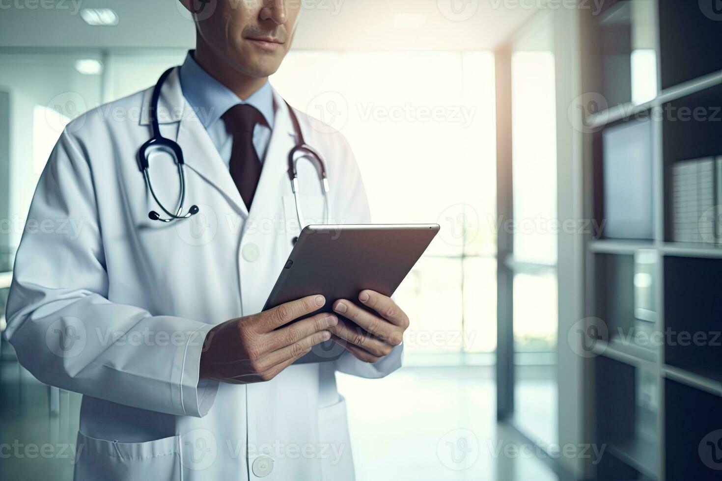 Close-up of male doctor using digital tablet in hospital corridor, Doctor holding digital tablet at meeting room, AI Generated photo