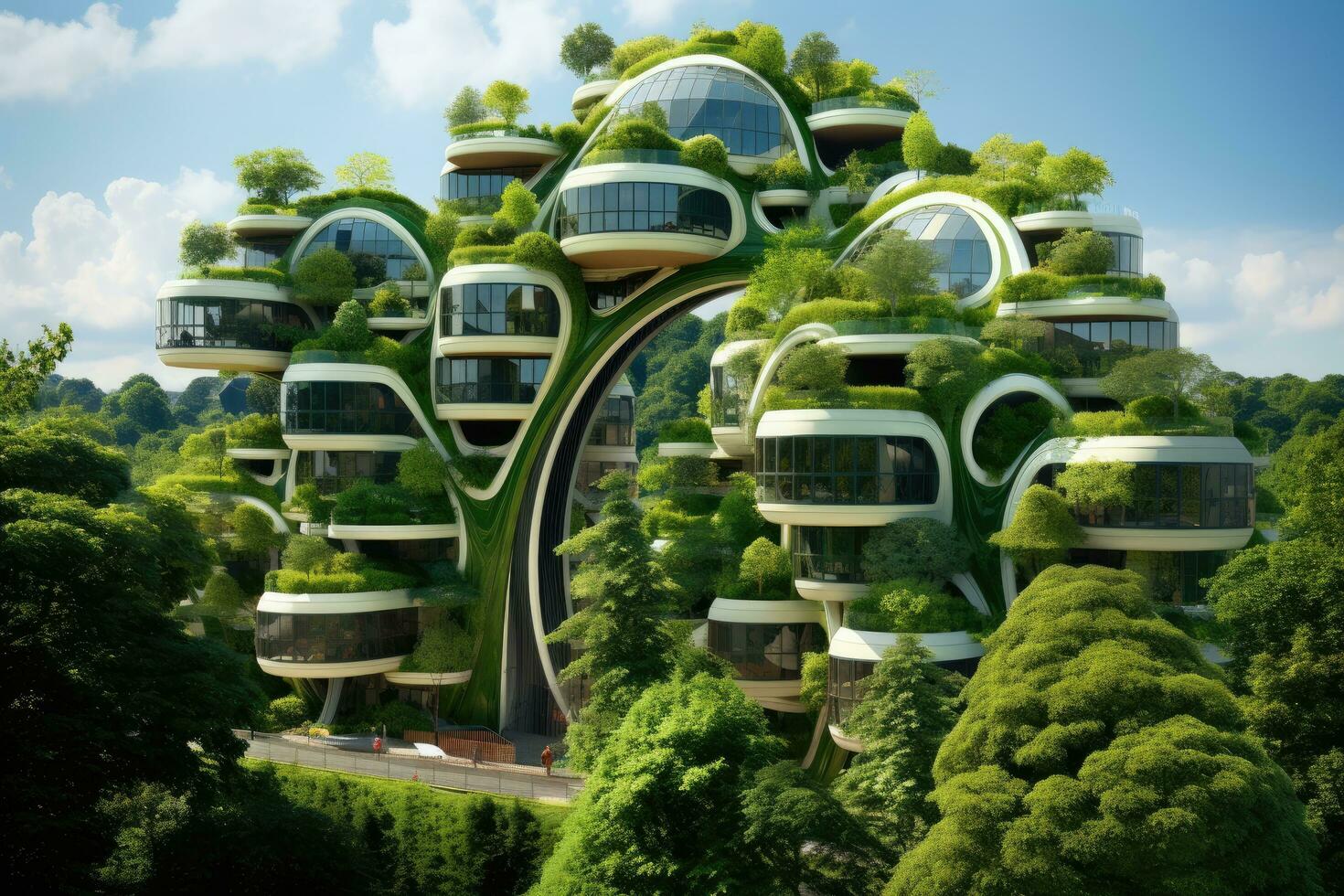 jardines por el bahía en Barcelona, España, Respetuoso del medio ambiente edificio en el moderno ciudad, ai generado foto