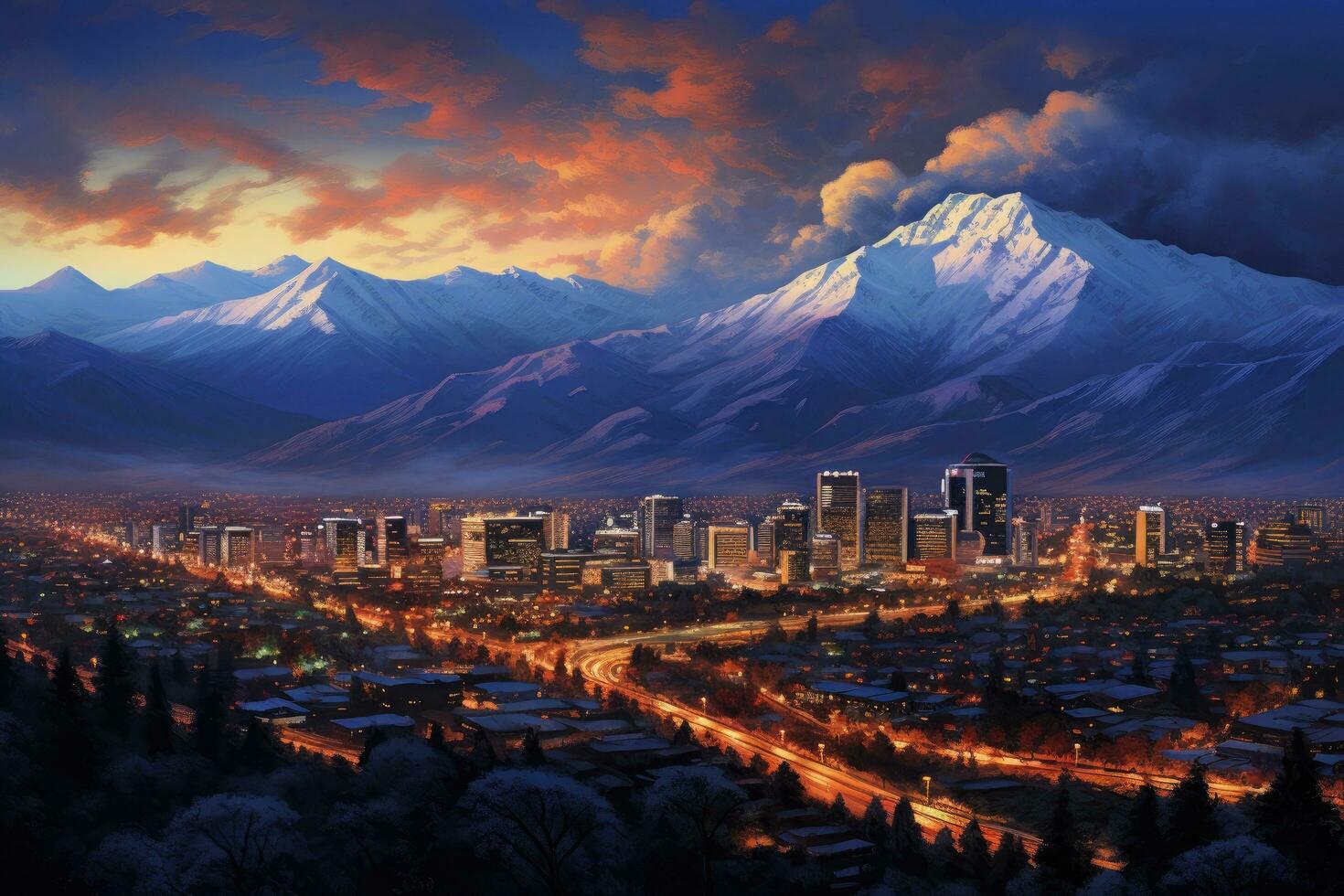 paisaje urbano de el ciudad de kamchatka. panorámico ver de kamchatka, noche panorama de santiago Delaware Chile, ai generado foto