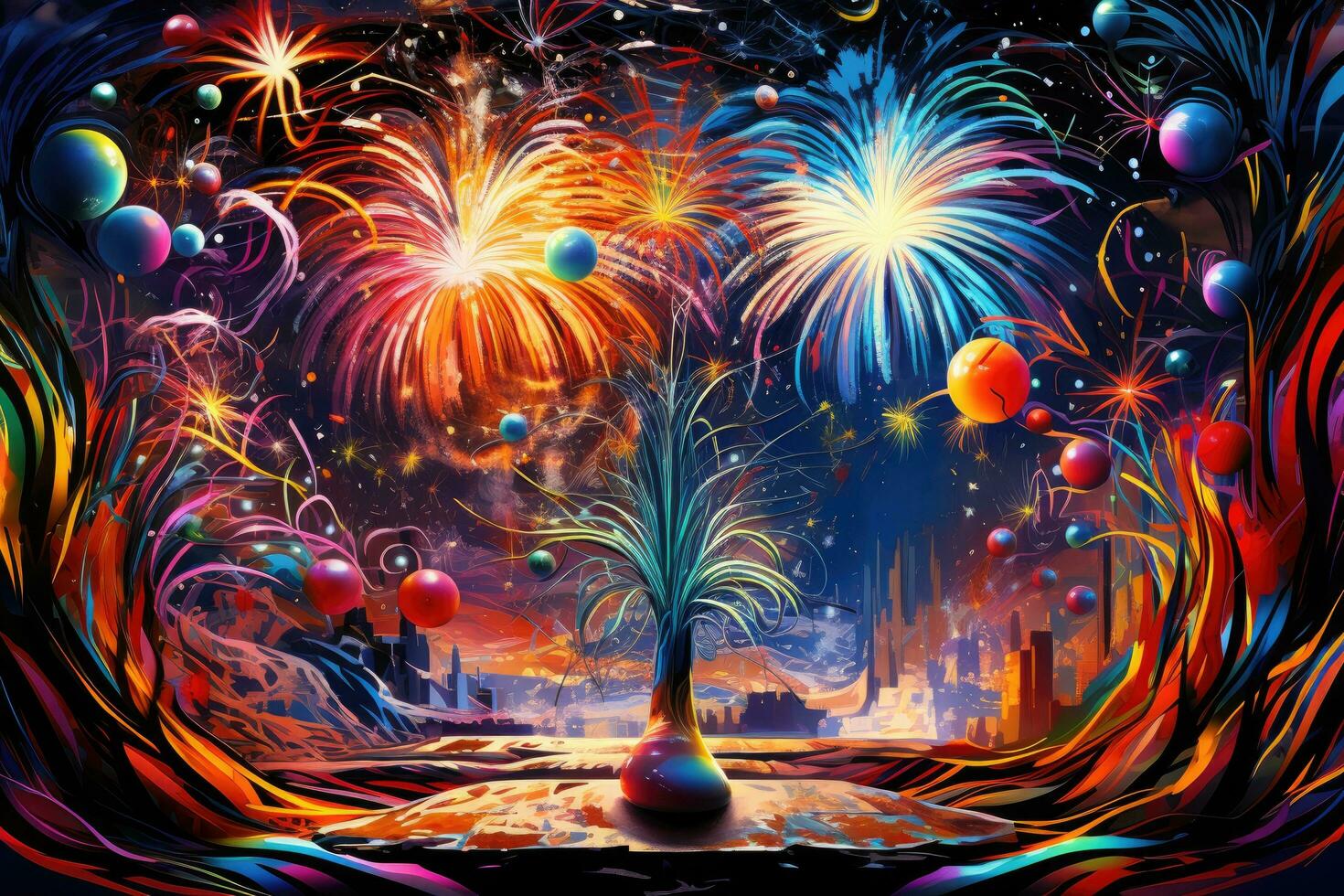 fuegos artificiales en el noche cielo. digital cuadro. 3d ilustración, contento nuevo año 2024 escrito con brillar Fuegos artificiales en negro fondo, ai generado foto