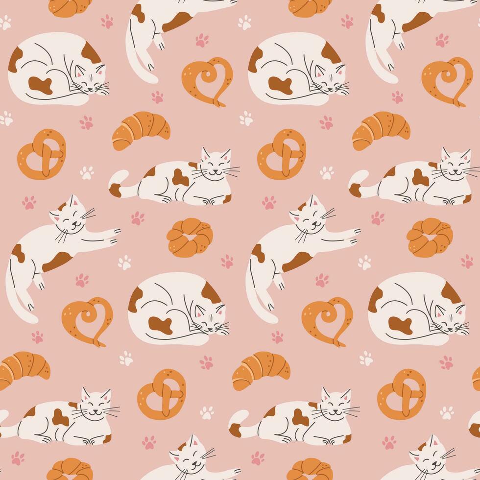 Puffy cat and pastries flat seamless pattern. Vector hand drawn cats with pastries in flat minimalistic style. Trendy kids pattern design. Ideal for textile, wrapping paper, kids decoration