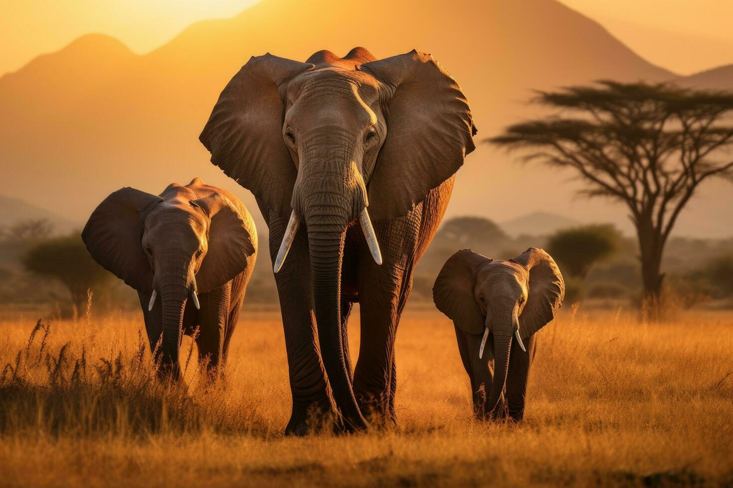 African Elephant Loxodonta africana in Serengeti National Park, Tanzania, Elephants walking by the grass in savannah. Beautiful animals at the backdrop of mountains at sunset, AI Generated photo