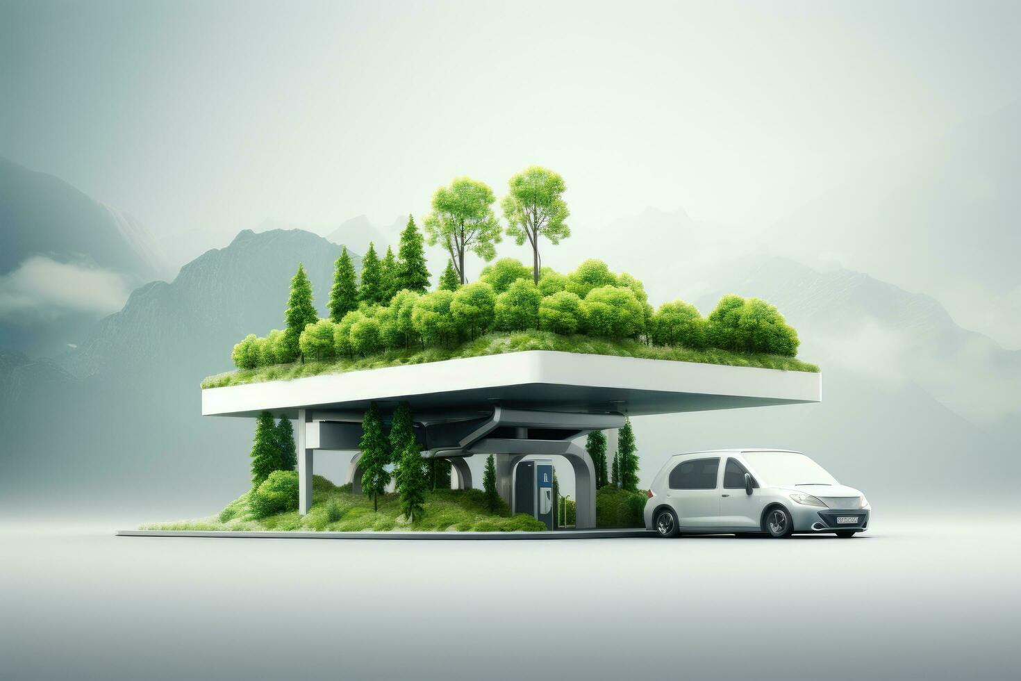 Eco car on the road with green landscape. 3d rendering, Electric car charging station. Sustainable Transportation and Charging Solutions for a Greener World, AI Generated photo