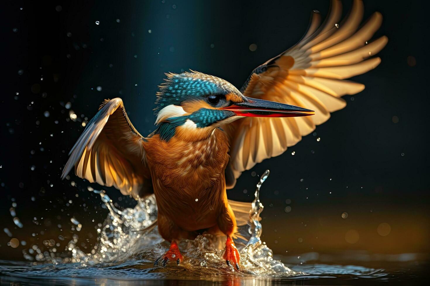 Beautiful male common kingfisher Alcedo atthis catching a fish in water, Female Kingfisher emerging from the water after an unsuccessful dive to grab a fish, AI Generated photo