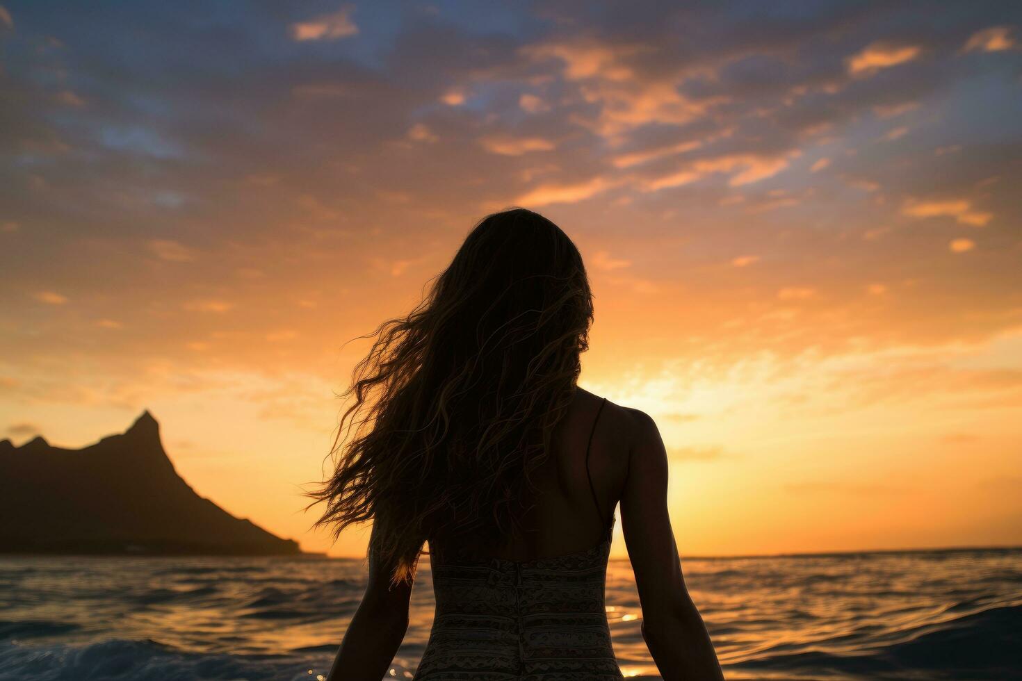 Silhouette of a girl in a swimsuit on the beach at sunset, Female surfer rear view in sea at sunset, Oahu, Hawaii, United States of America, AI Generated photo