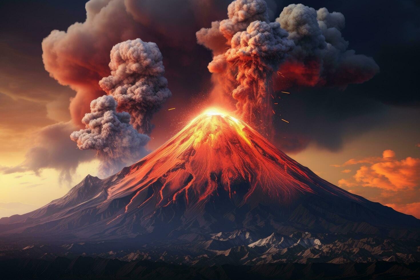 Volcanic eruption at sunset. 3D illustration. Nature background, Eruption volcano Tolbachik, AI Generated photo