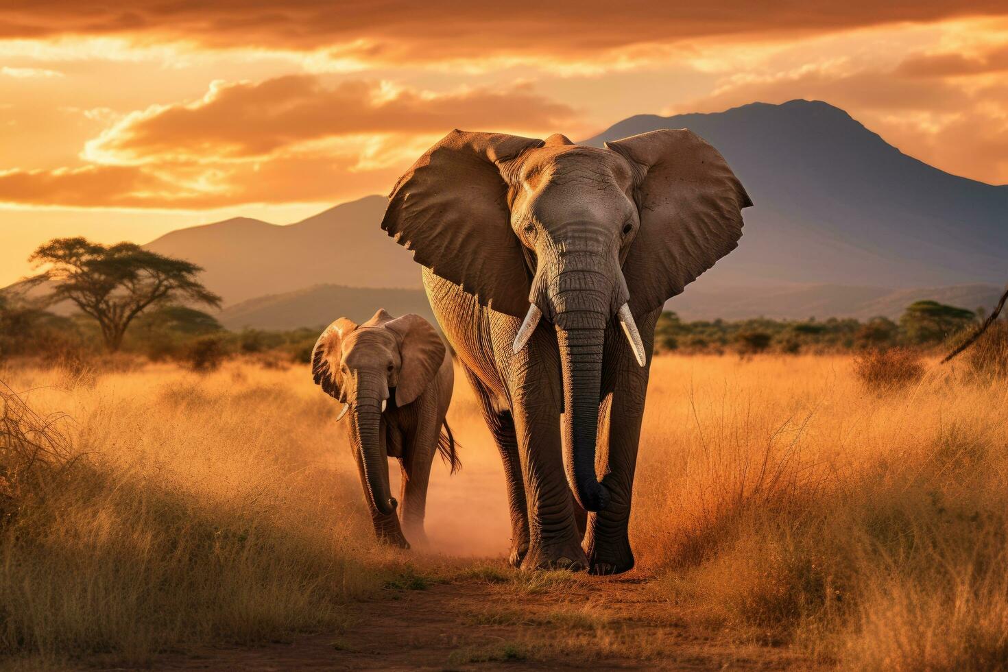 Elephants at sunset in Serengeti National Park, Tanzania, Elephants walking by the grass in savannah. Beautiful animals at the backdrop of mountains at sunset, AI Generated photo