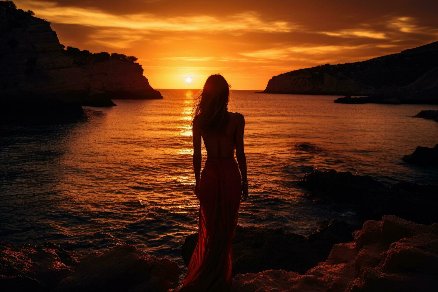 hermosa niña en un largo noche vestir en el costa a atardecer, épico rojo puesta de sol en cala llentrisca con modelo , ibiza, ai generado foto