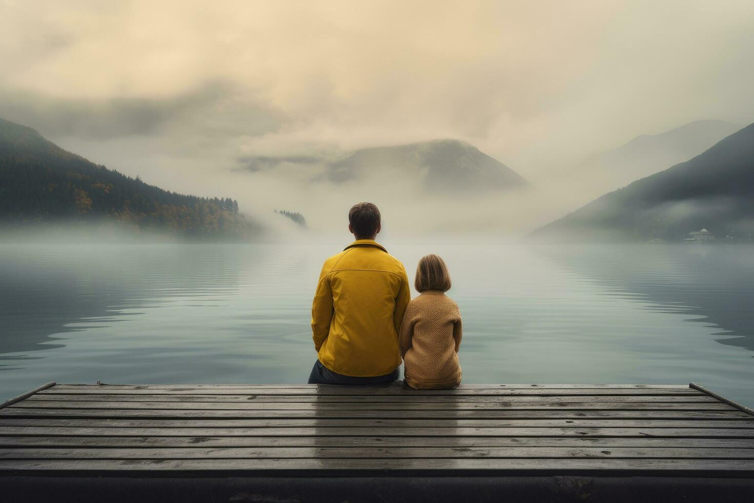 Pareja sentado en un de madera muelle y mirando a un lago en el niebla, familia con un pequeño amarillo perro descansando en un muelle y mirando a lago y brumoso montañas, ai generado foto