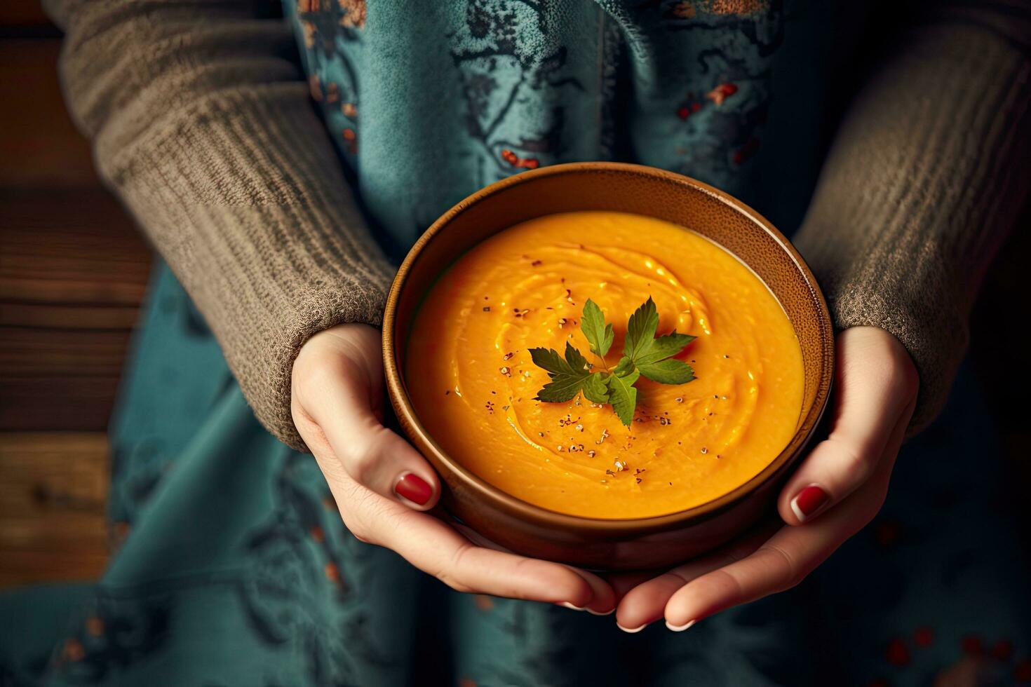 Female hands holding bowl of pumpkin soup on wooden background, closeup, Female hands holding a bowl of pumpkin soup close up view, AI Generated photo