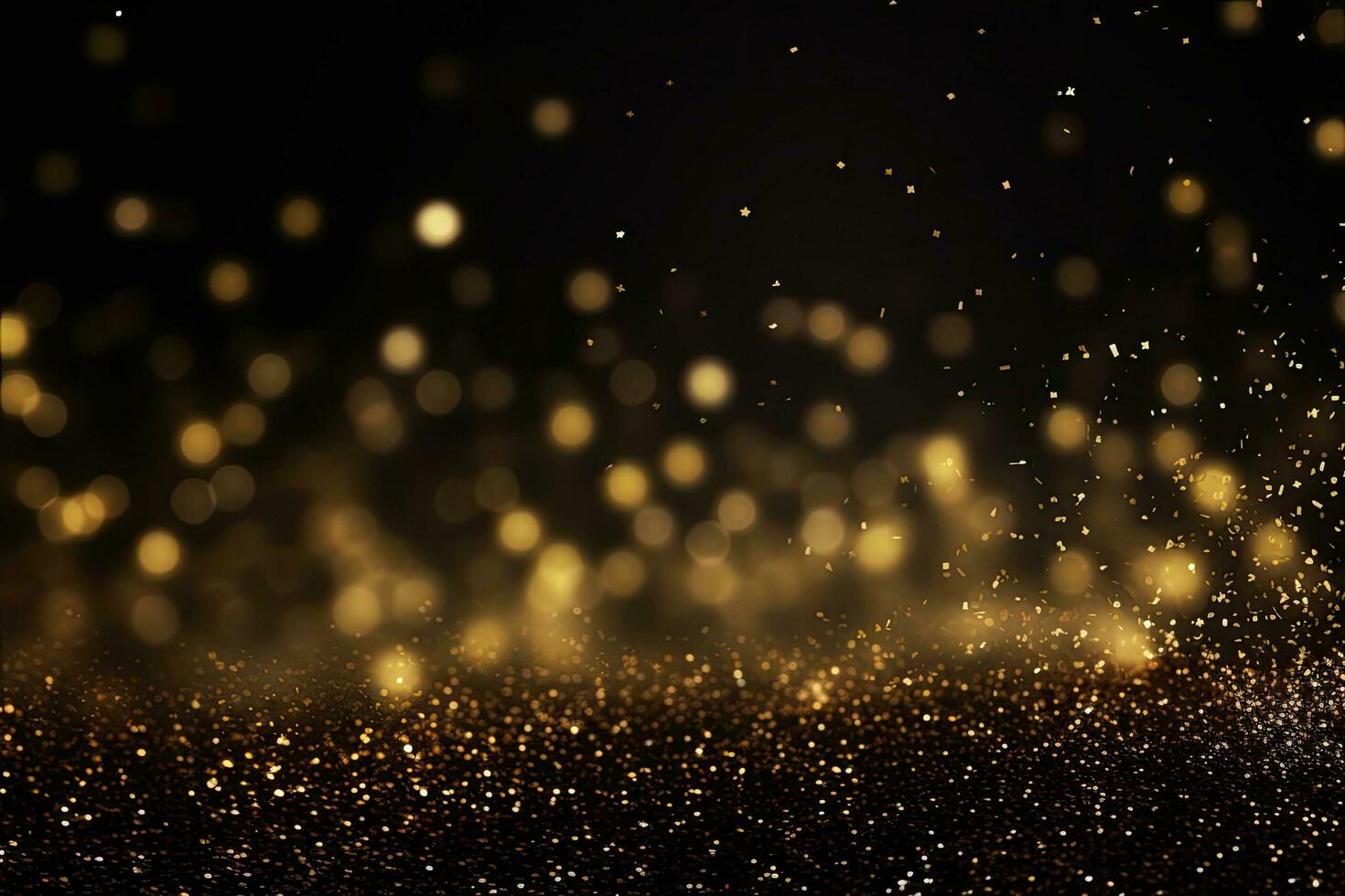 golden glitter vintage lights background. gold and black. de focused, Festive golden glittering in the dark night background, AI Generated photo