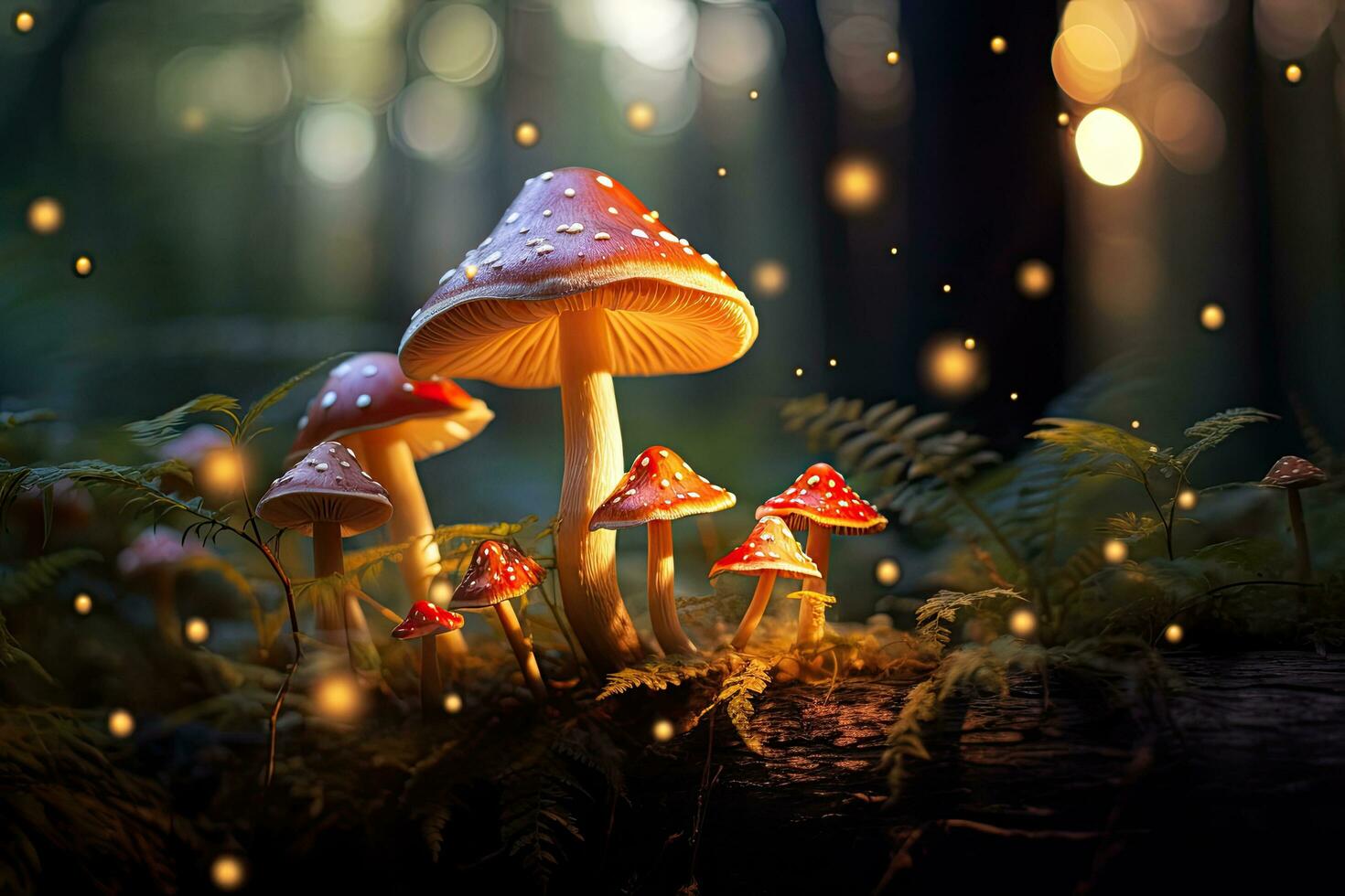 hongos en el bosque a noche. fantasía naturaleza fondo, brillante hongos en un soñador bosque, ai generado foto