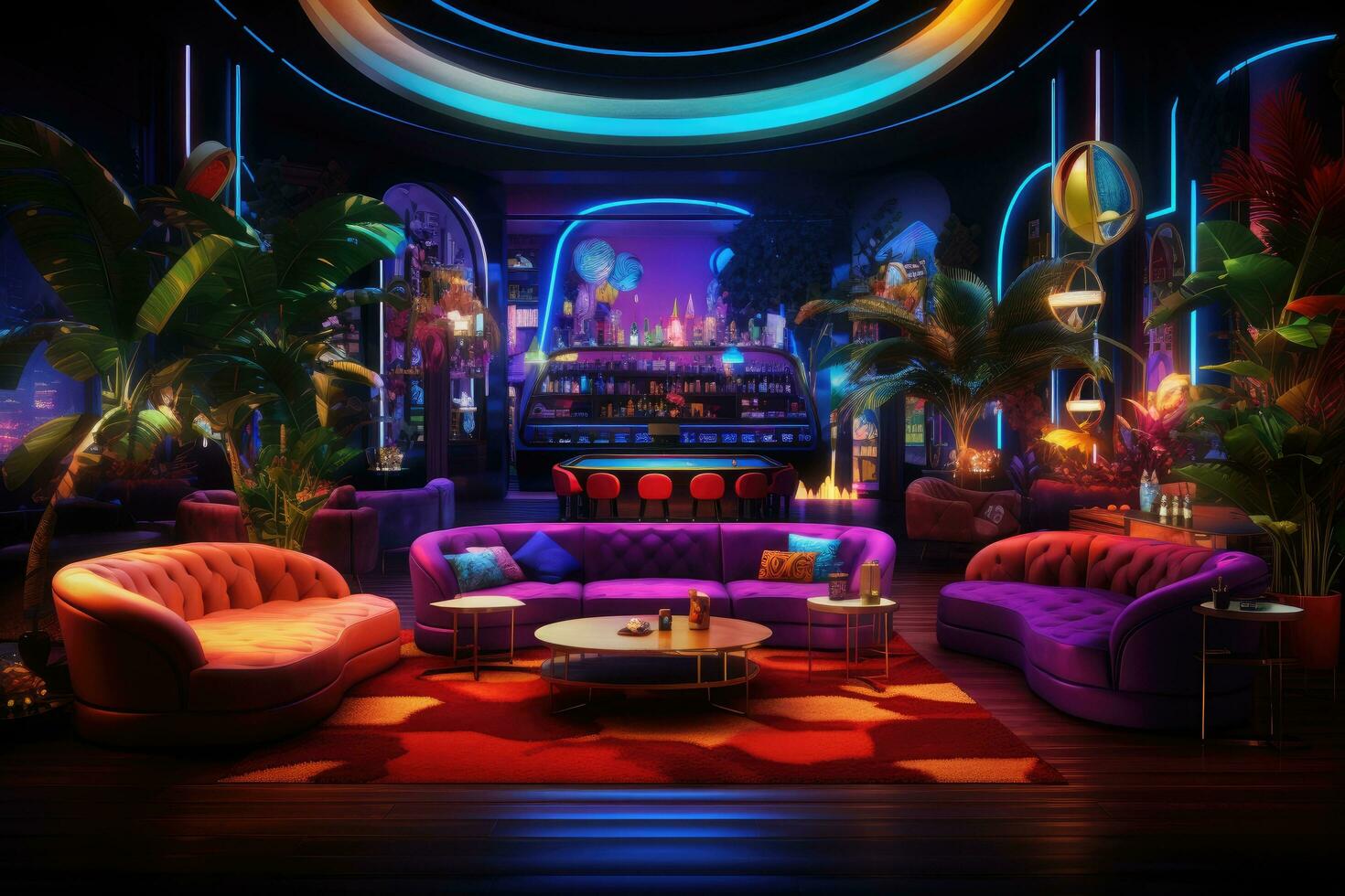 Interior of a night club with neon lights, 3D rendering, Interior of a night club with bright lights. Night club. A decorated night club with stylish couches and colorful cocktail table, AI Generated photo