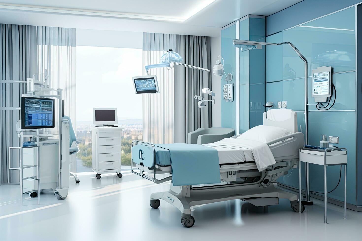 Hospital room with bed and equipment. 3d rendering image, Interior of a modern hospital room with medical equipment. 3d rendering, AI Generated photo