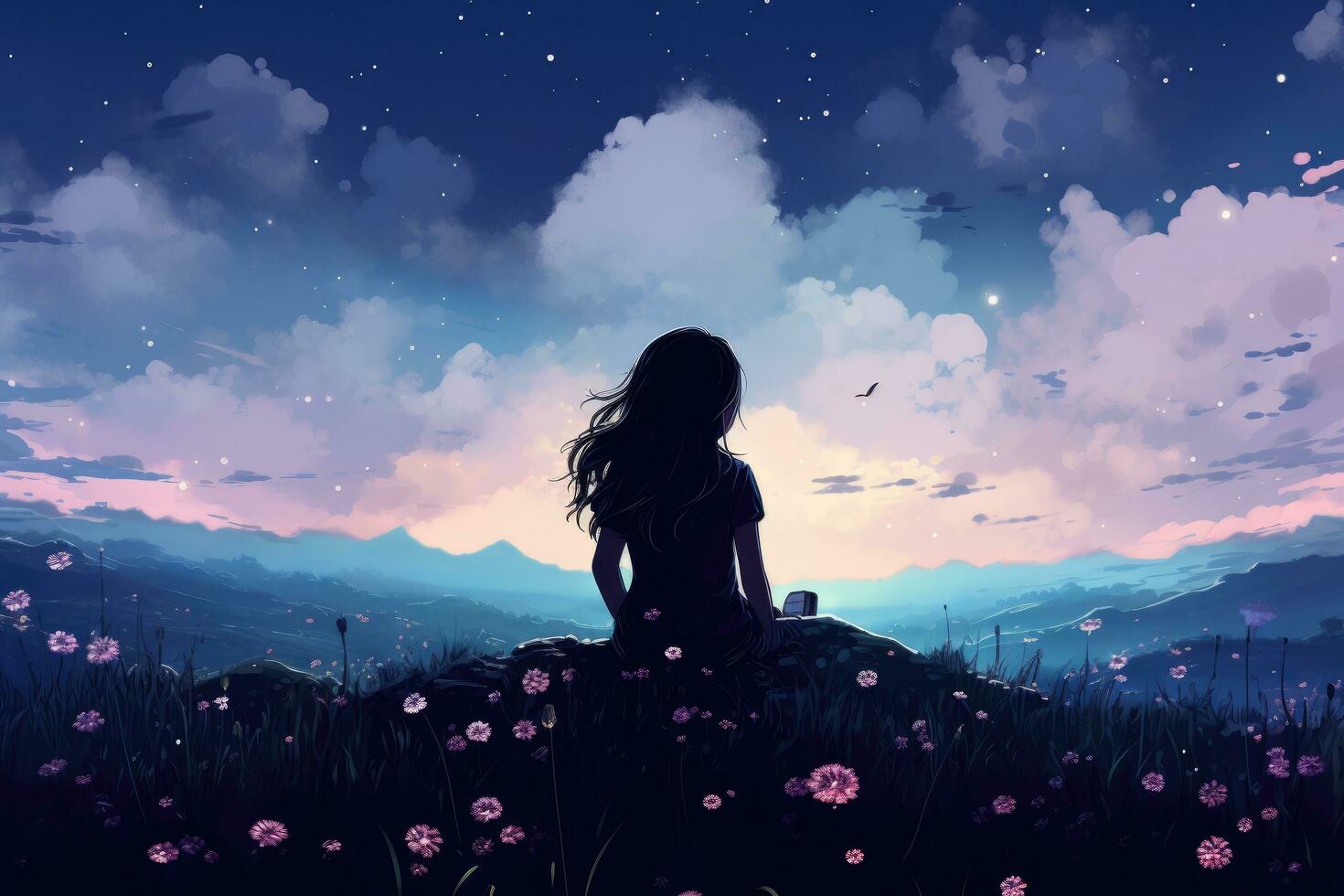 niña sentado en el prado y mirando a el cielo con nubes, ilustración de un niña sentado en flor campo debajo Starfield cielo, ai generado foto