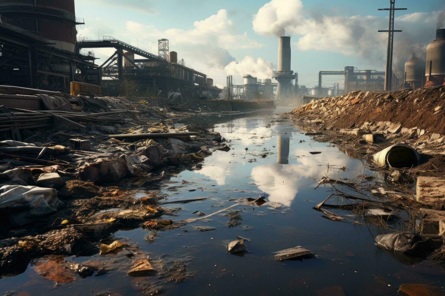 Pollution of the environment. Pollution of the environment. The concept of environmental pollution, industrial landscape with polluted river, pollution of the environment, environmental, AI Generated photo