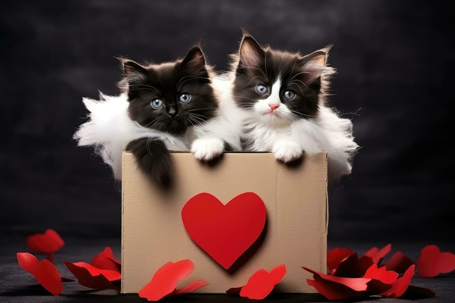 Two kittens sitting in a box with hearts on a wooden background, Two black and white kittens in a cardboard box with red hearts, AI Generated photo