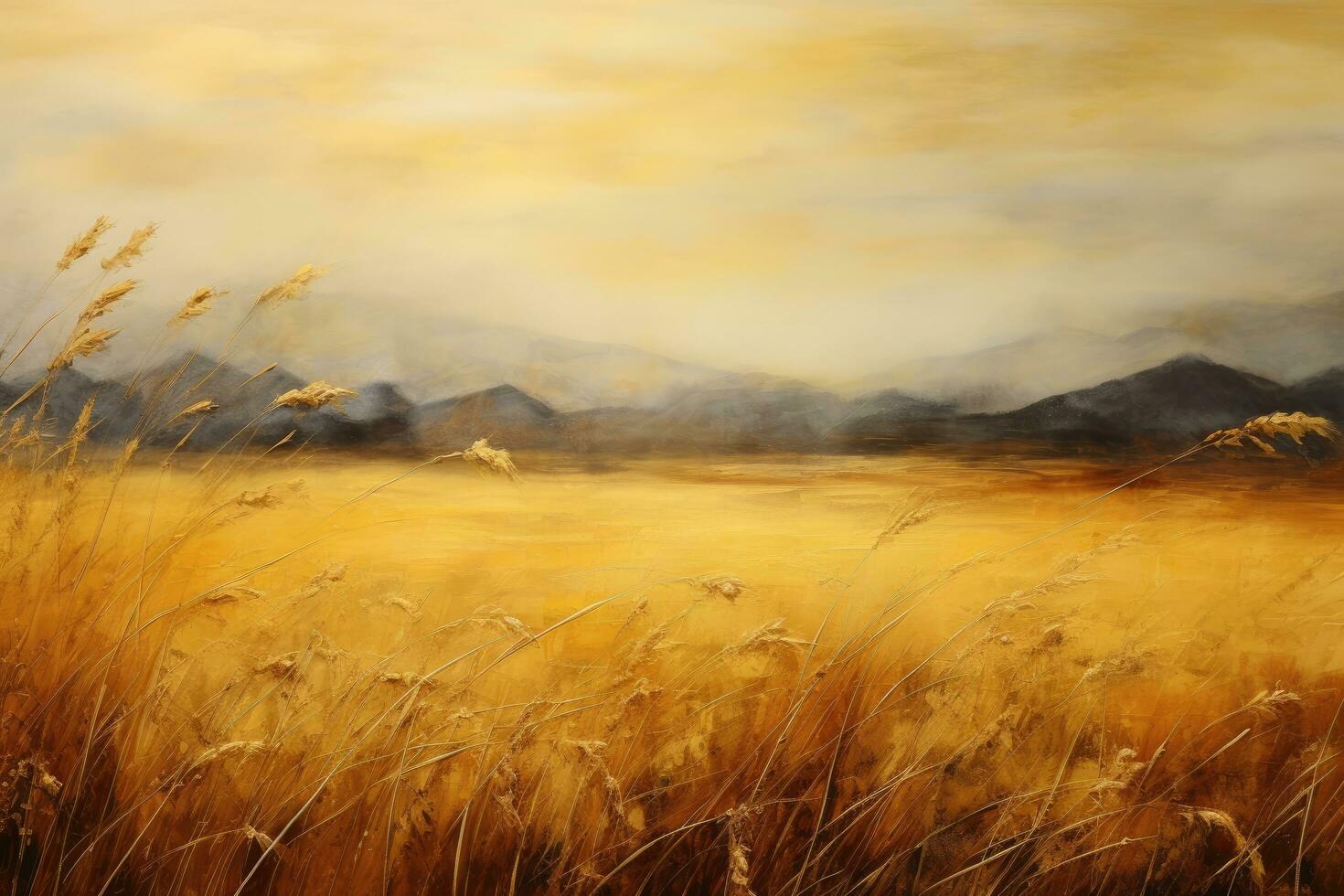 Wheat field with mountains in the background. Digital painting effect, Golden field landscape, fantasy, empty background, painting, AI Generated photo