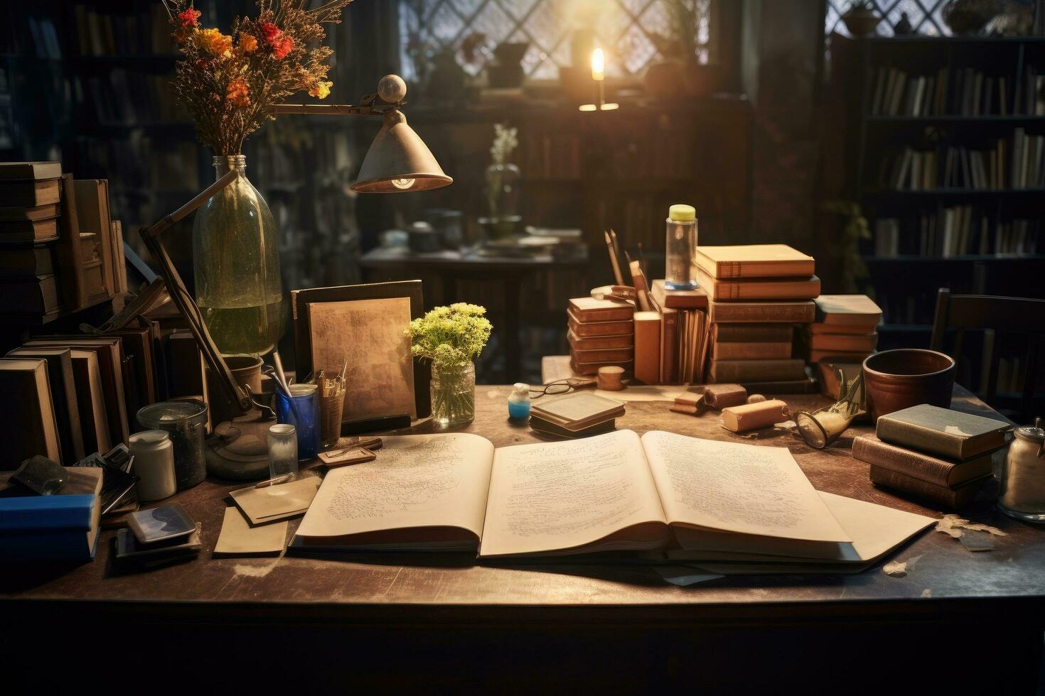 Old books on the table in the library. Selective focus, Immerse yourself in a writer's haven, with a desk adorned with books, a diary, and sticky notes, AI Generated photo