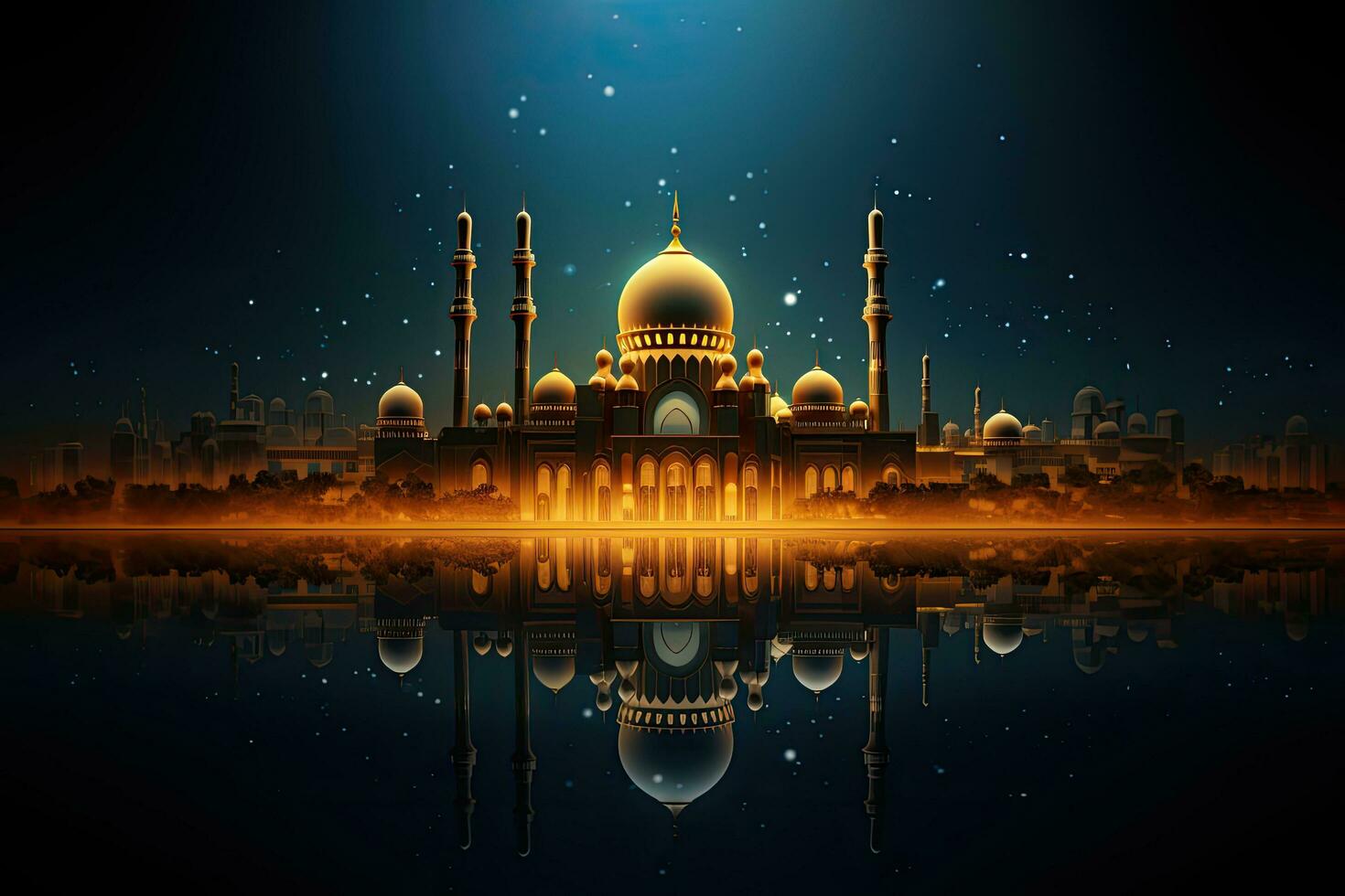 Illustration of mosque with reflection in the water. Ramadan Kareem background, Illustration of mosque with moon and reflection in water. Ramadan Kareem background, AI Generated photo