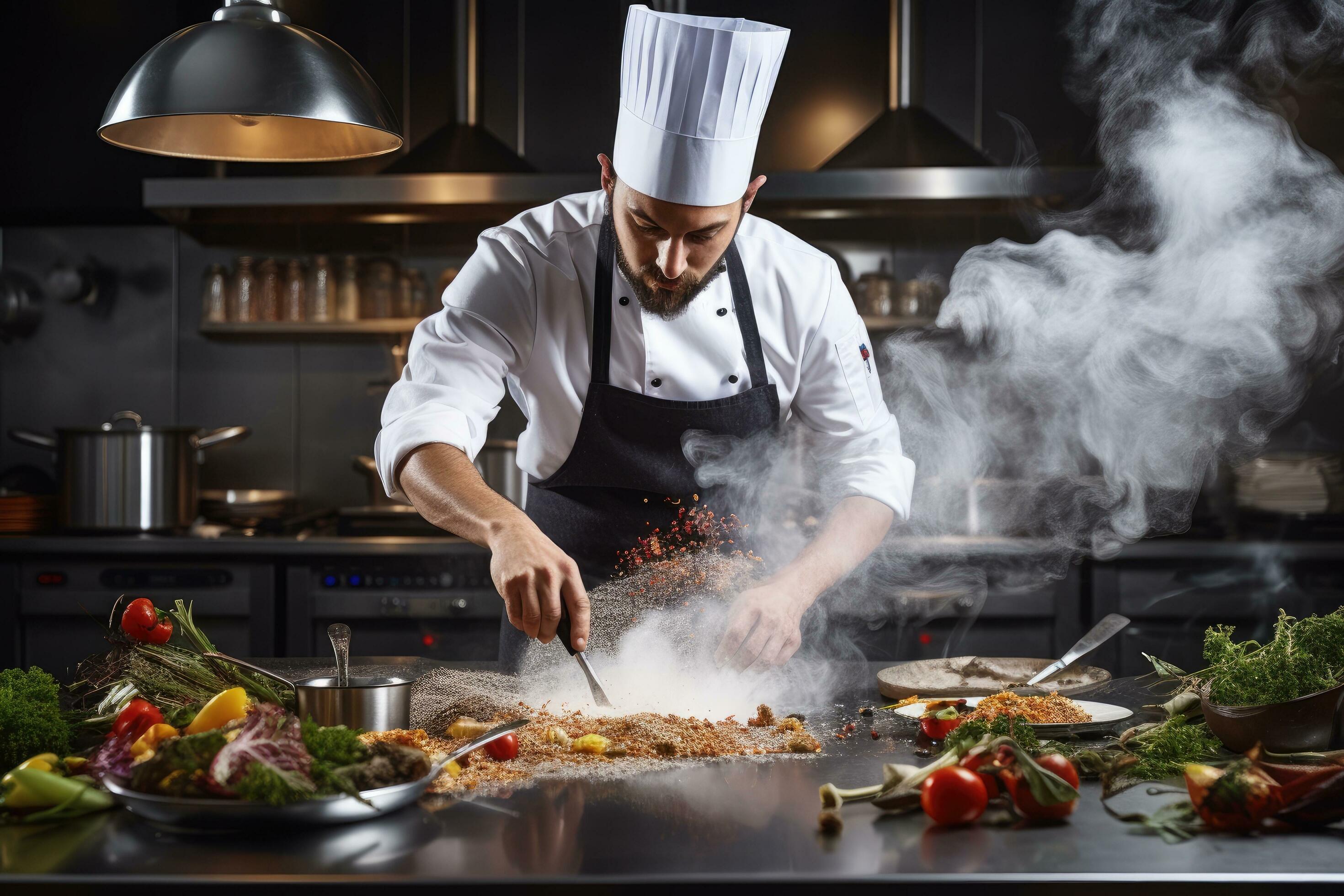 Chef preparing food in the kitchen at the restaurant. Professional chef