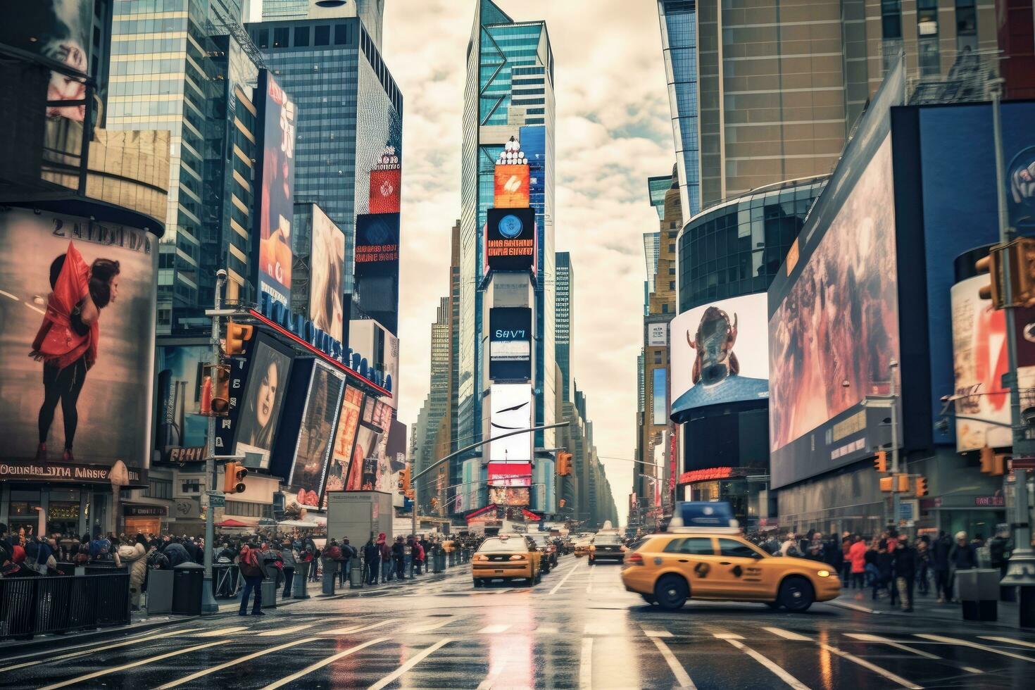 s cuadrado, Destacados con Broadway teatros y enorme número de LED señales, es un símbolo de nuevo York ciudad y el unido estados, famoso veces cuadrado punto de referencia en nuevo York centro, ai generado foto