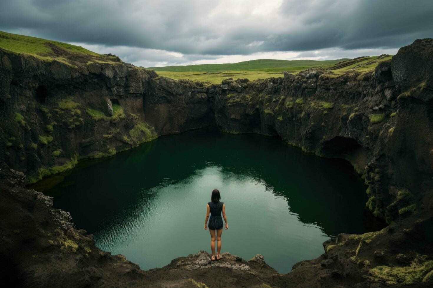 Woman in red dress standing on the edge of a cliff looking at the ocean, Iceland beautiful landscape photography, beautiful girl in swimsuit in the clod, AI Generated photo