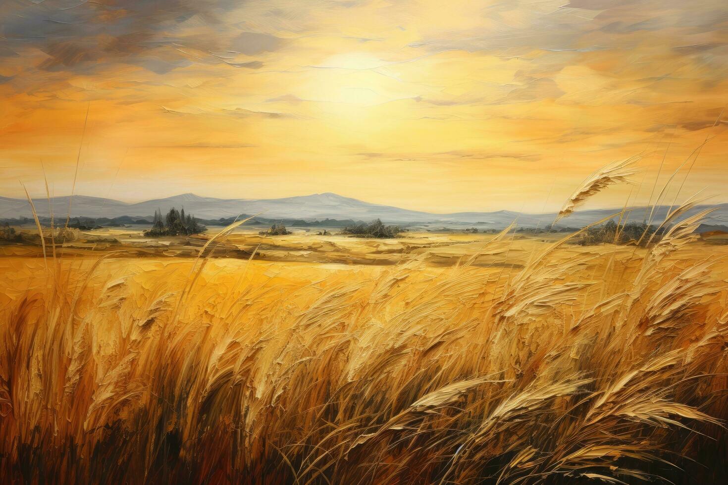 Wheat field at sunset with mountains in background. Digital painting, Golden field landscape, fantasy, empty background, painting, AI Generated photo