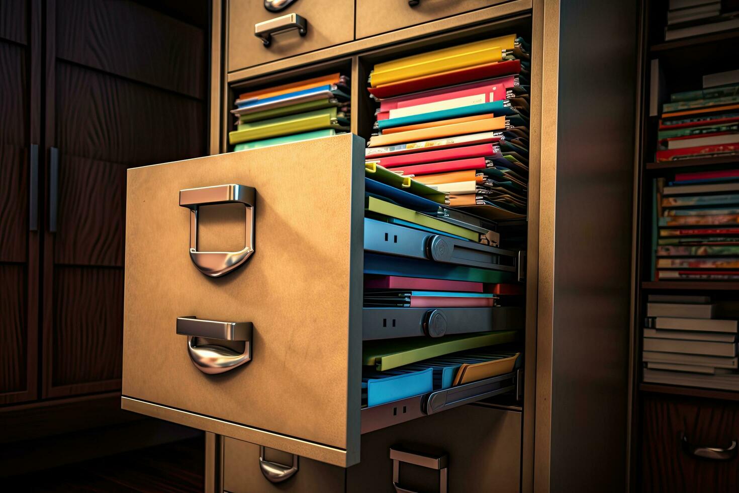 Open filing cabinet with documents and folders in it. 3d rendering, Filing Cabinet with Files, AI Generated photo