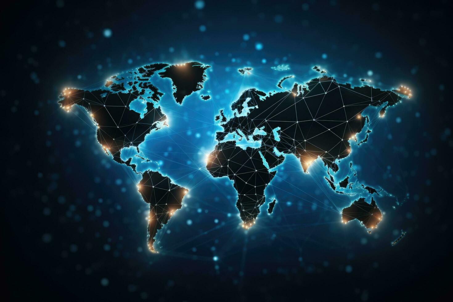 Abstract polygonal world map on dark blue background. 3D Rendering, Global network connection. World map point and line composition concept of global business, AI Generated photo