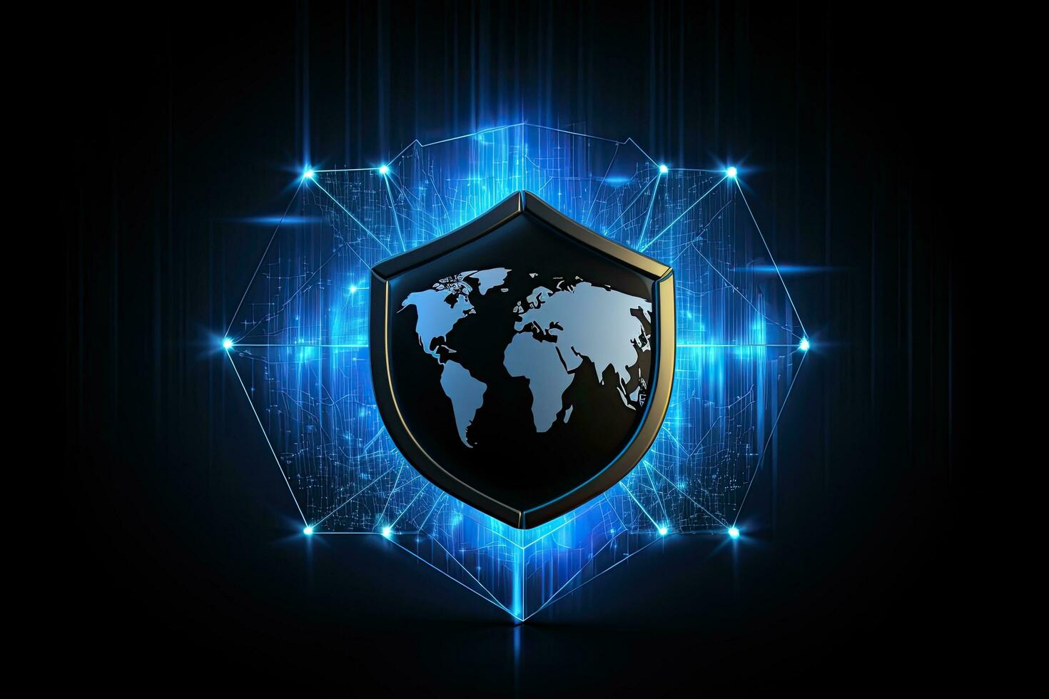 Cyber security concept. Protect shield with world map. Vector illustration, Global network security shield on a Black background, Digital security and data protection, AI Generated photo