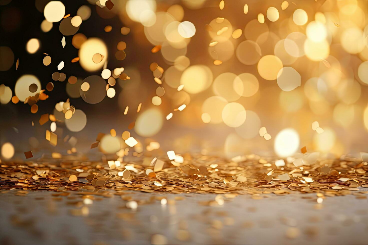 Golden confetti on bokeh background. Christmas and New Year concept, golden confetti on bokeh background. Festive decoration, AI Generated photo