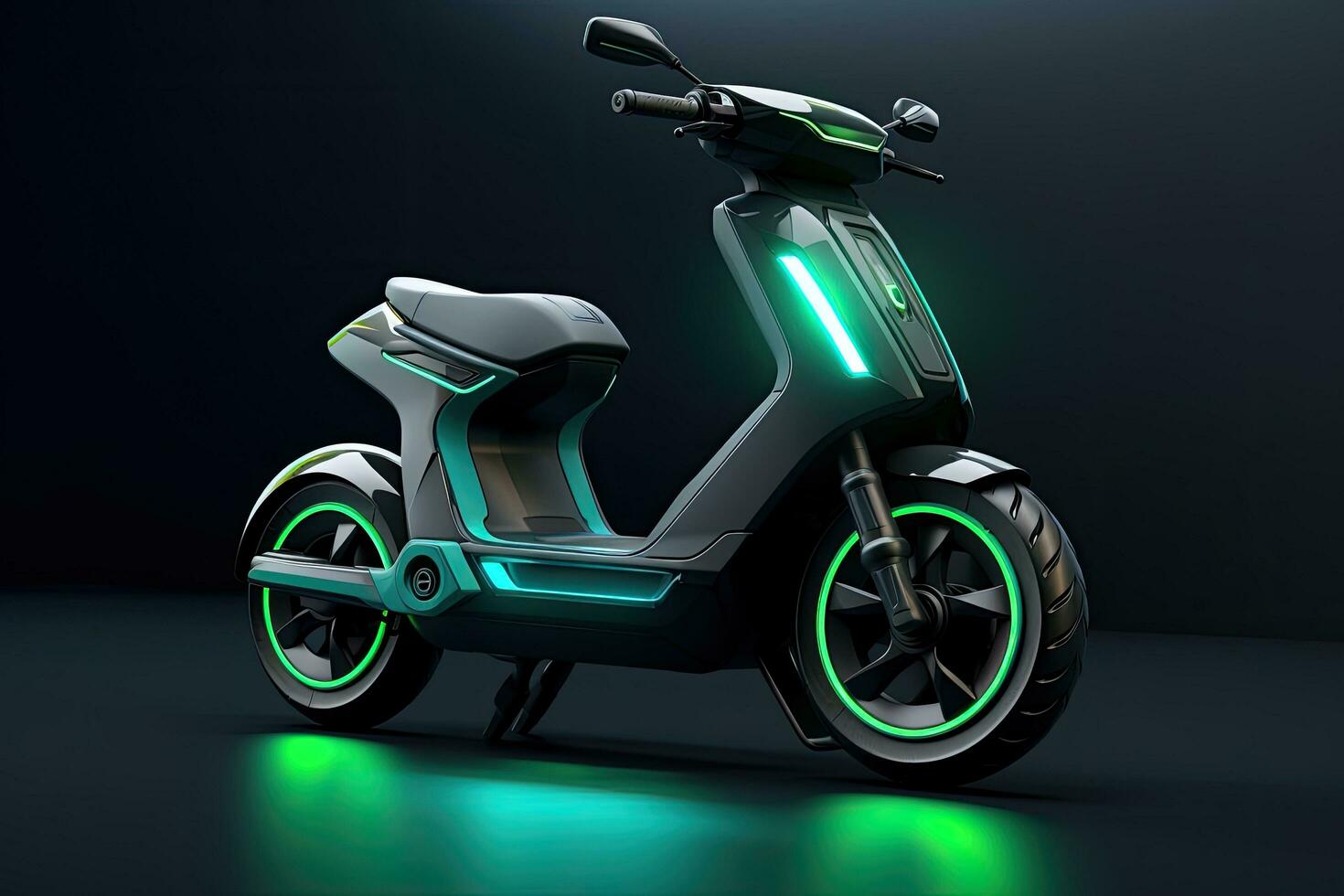 Modern scooter on a dark background. 3D rendering. Neon light, Generic electric scooter, futuristic mobility solution for towns. sustainable transportation solutions. green energy, AI Generated photo