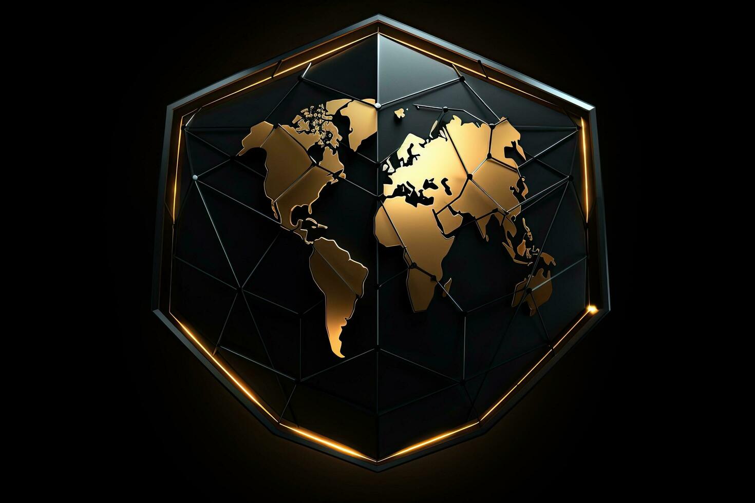 3d ilustración de dorado hexágono con mundo mapa en negro fondo, global red seguridad proteger en un negro fondo, digital seguridad y datos proteccion, ai generado foto