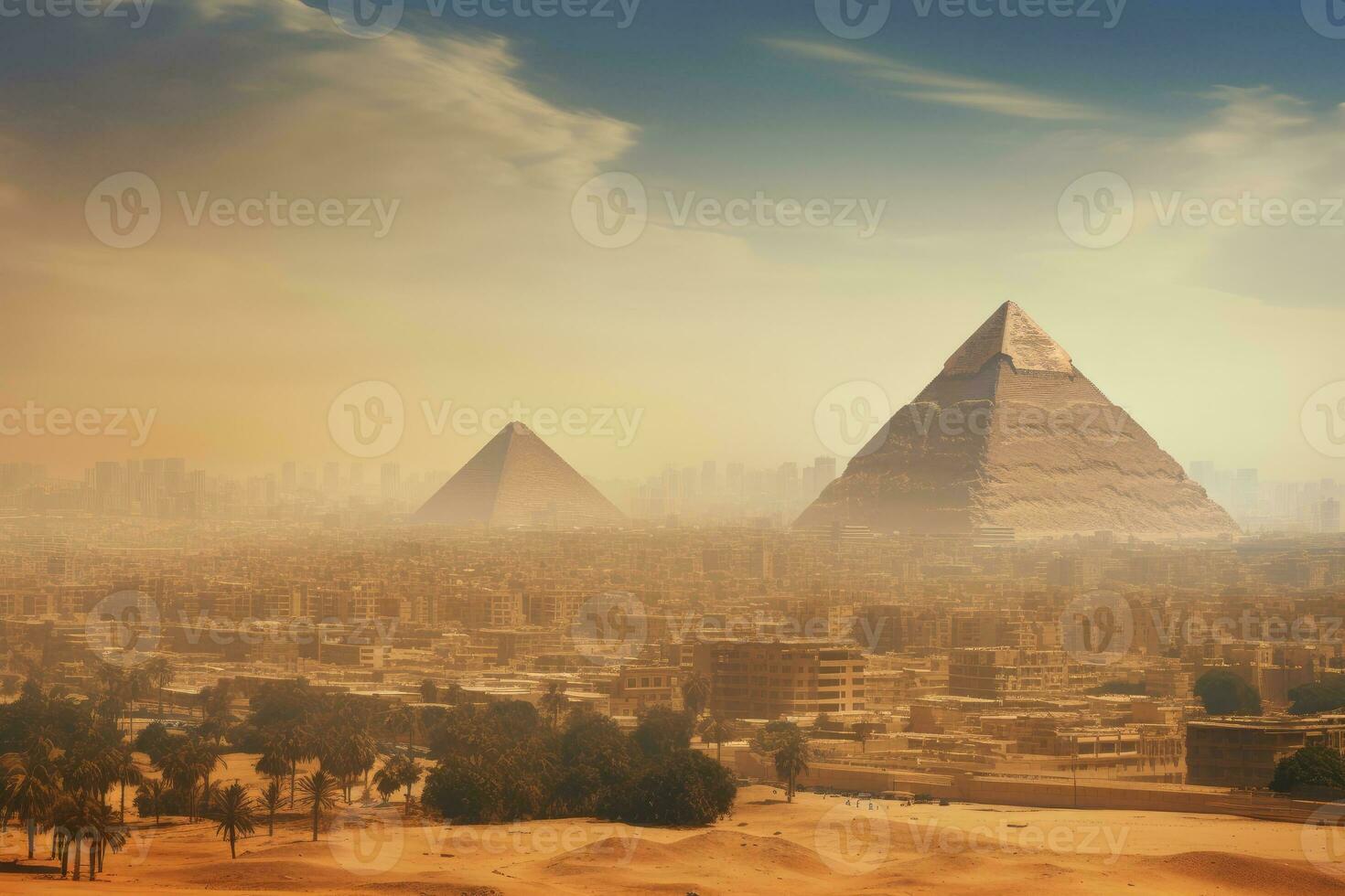 Egyptian pyramids of Giza at sunset, Cairo, Egypt, Egypt. Cairo - Giza. General view of pyramids and cityscape from the Giza Plateau, AI Generated photo