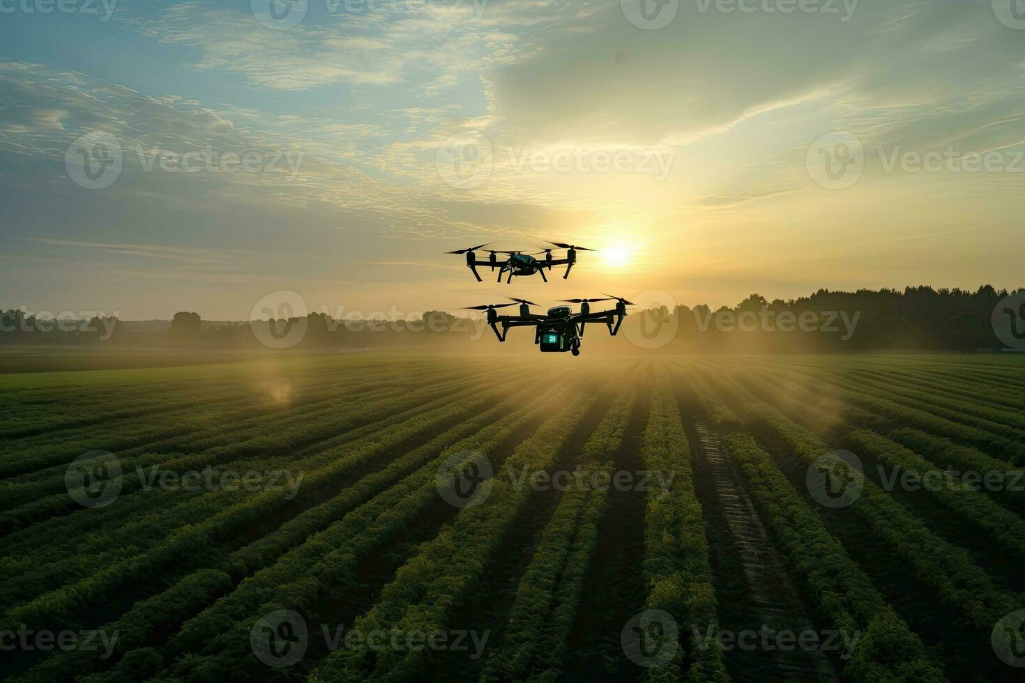 aéreo ver de un zumbido pulverización pesticidas en un campo a atardecer, zumbido analizando agricultores campos durante amanecer, ai generado foto
