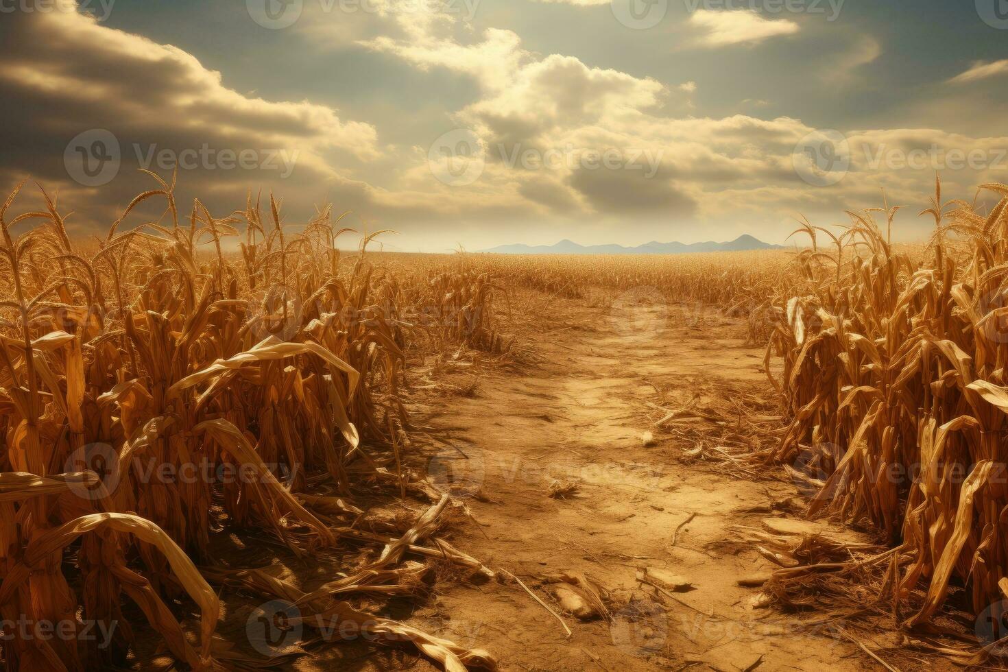 Dry corn field at sunset, retro vintage style toned picture, Drought in a cornfield, AI Generated photo
