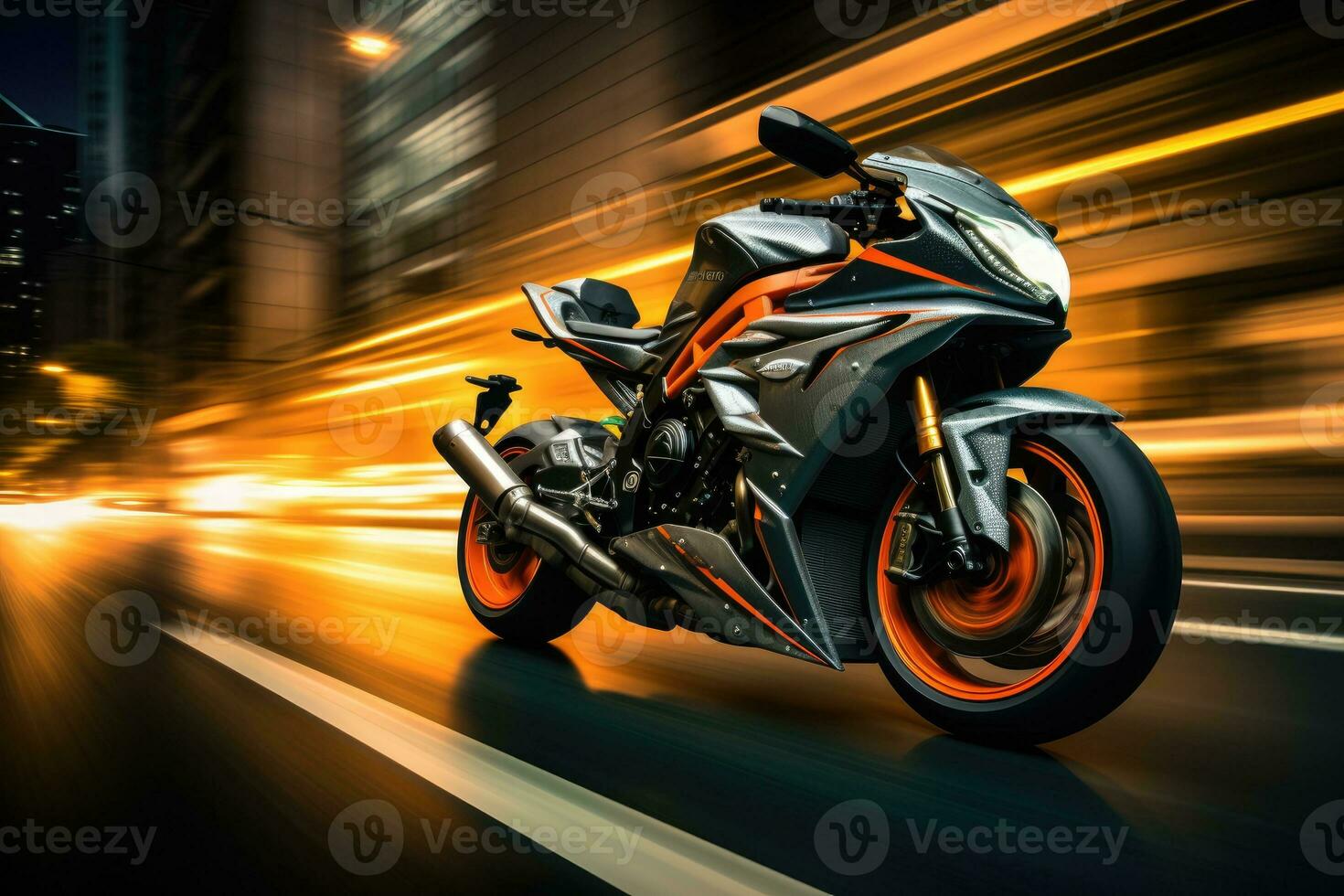 Motorcycle on the road with motion blur. 3d rendering, EBR racing motorcycle with abstract long exposure dynamic speed light trails in an urban environment city, AI Generated photo