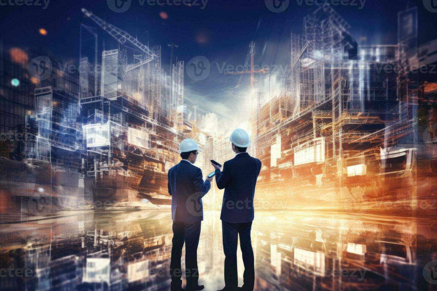 Engineer and architect working on construction site. Engineering and architecture concept, Double exposure of Engineer and Architect working with smart phone and digital tablet and, AI Generated photo