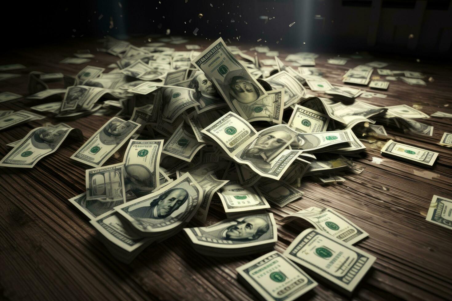 Dollars falling on the floor. Financial crisis concept. 3d rendering, Money and dollar bills are spread out on the table, AI Generated photo
