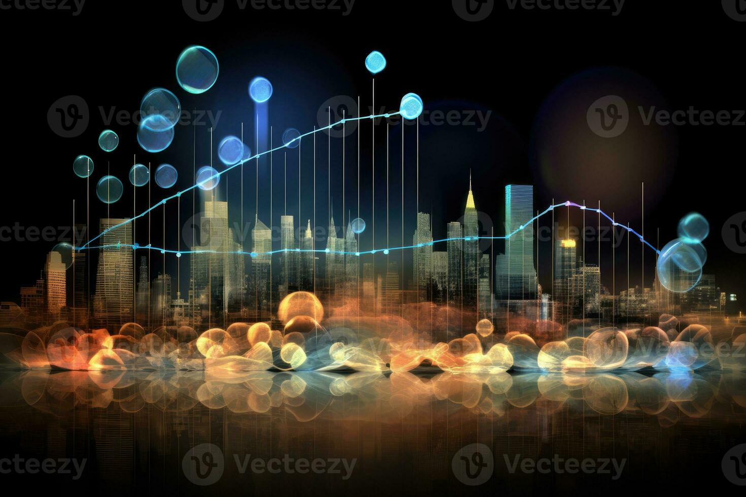 Abstract image of modern city at night with financial charts and glowing lights, Economy trends background for business idea and all art work design, AI Generated photo
