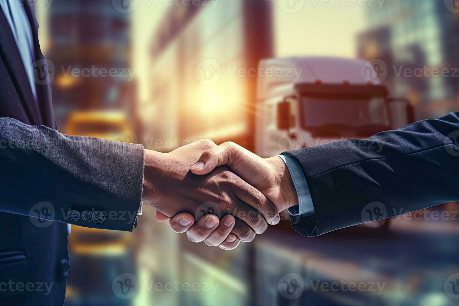 Double exposure of business man shaking hands and truck on blurred background, Double exposure of businessman handshake with cargo truck on the road and import-export commercial, AI Generated photo