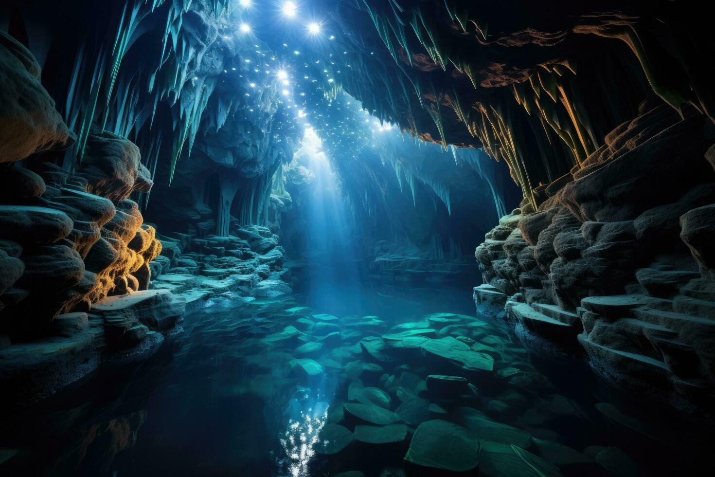 Beautiful underwater cave with crystal clear water. 3D Rendering, mesmerizing underwater cave system full of stunning stalactite formations, bioluminescent creatures, hidden chambers, AI Generated photo