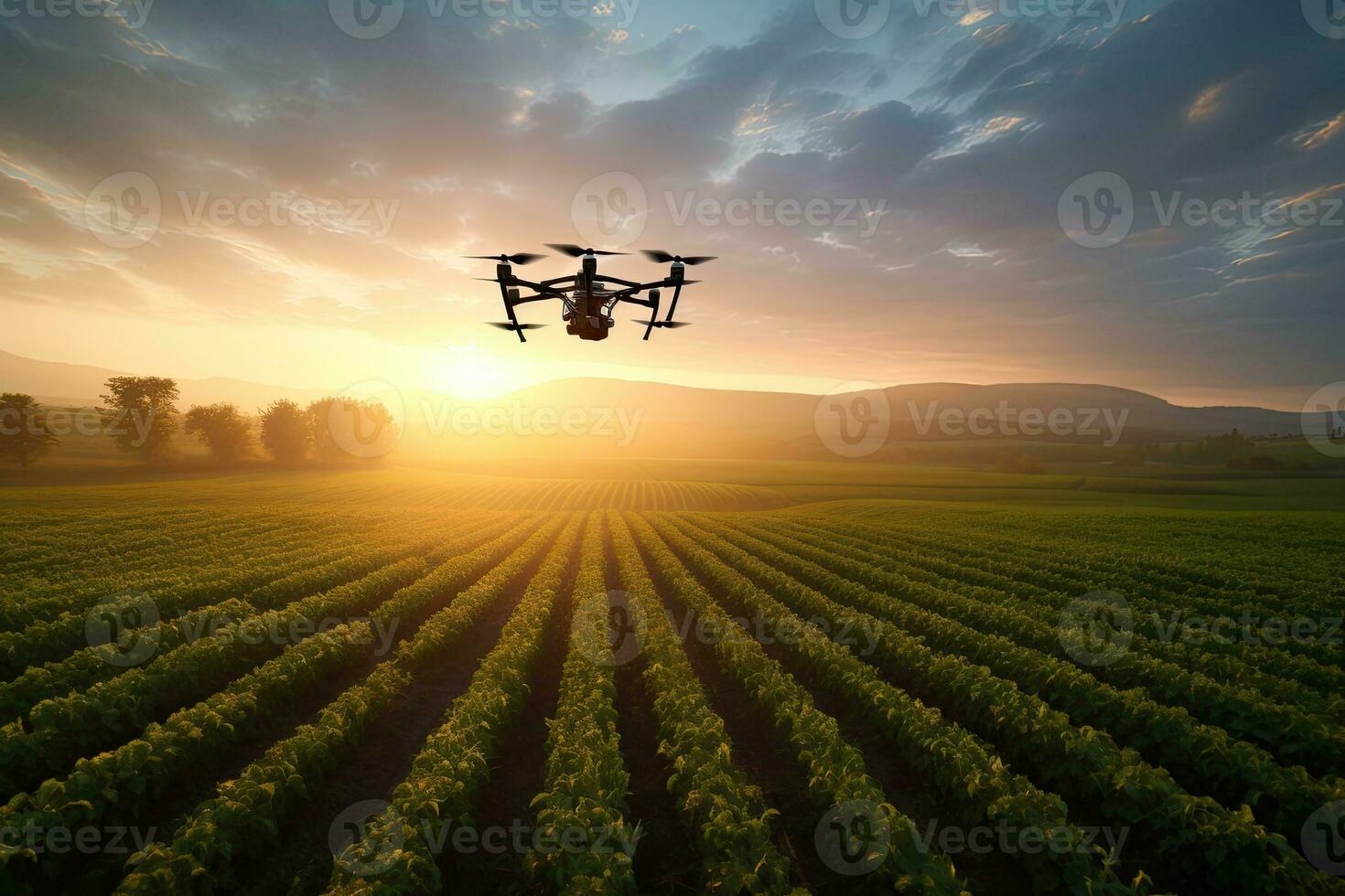 Drone flying over the agricultural field at sunset. 3d render, Drone analyzing farmers fields during sunrise, AI Generated photo